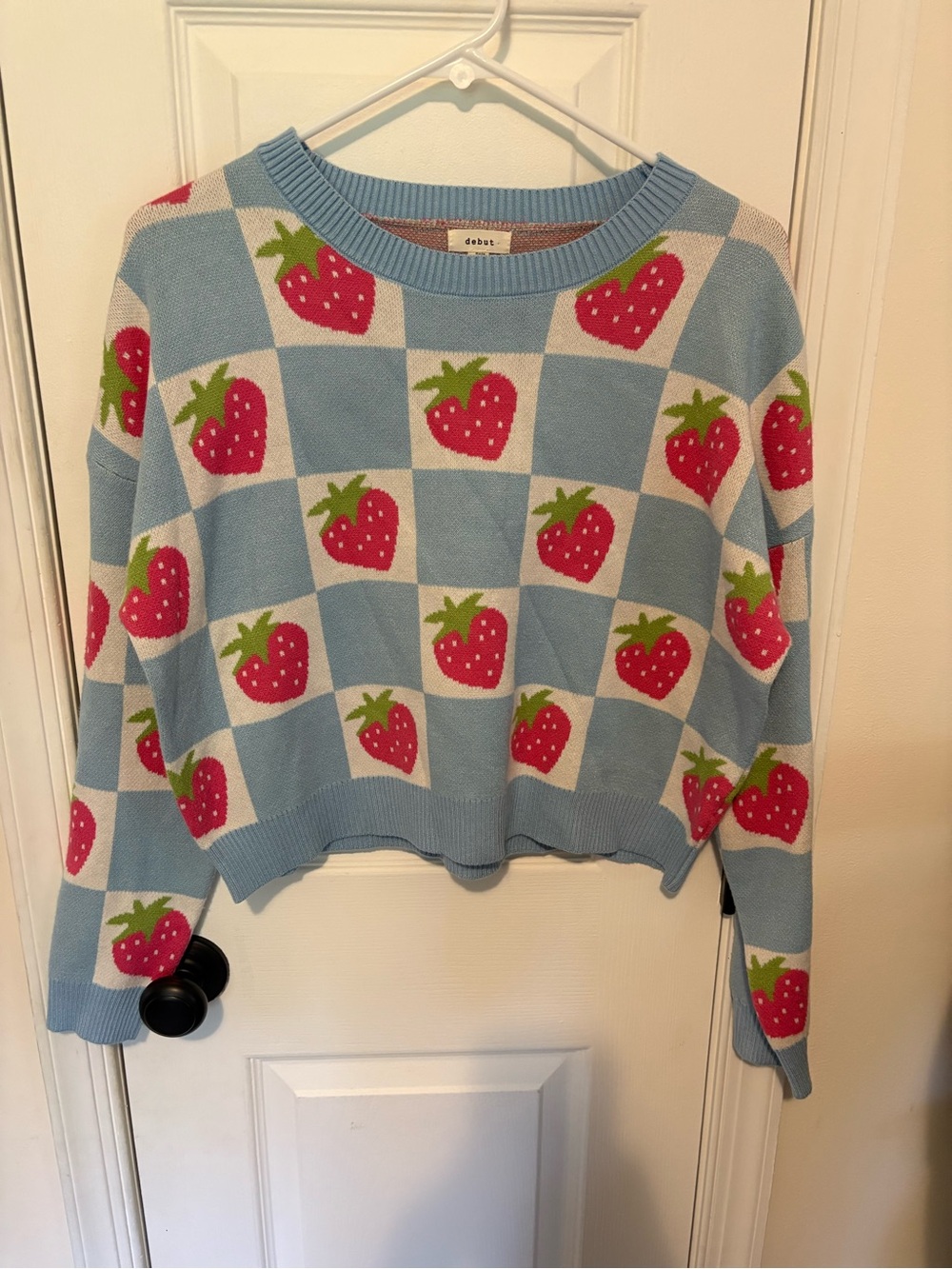debut Light Blue Checker Sweater with Pink Strawberry Motif